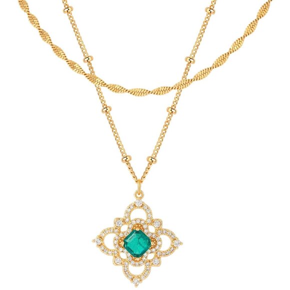 14K Gold Plated Layered Necklaces Set for Women, Dainty Floral Clover Pendant, A - Picture 1 of 7